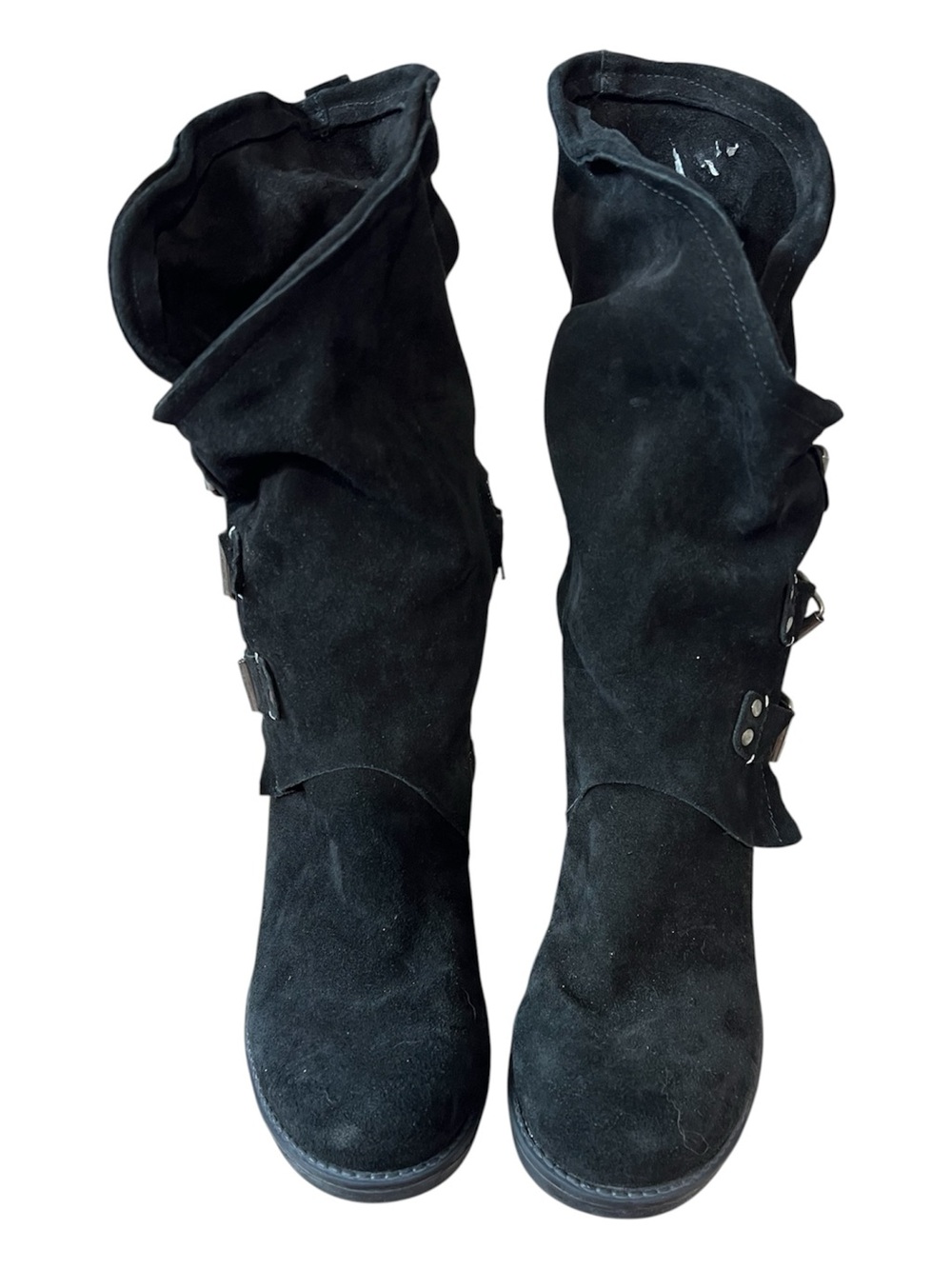 Coolway Alida Black Suede Triple Buckle Slouchy Boots Size 40 / US 9 Biker Goth - Picture 2 of 6